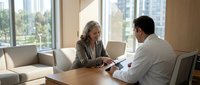 Professional mature businesswoman consulting with male client in modern office meeting room discussing documents and strategies.