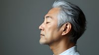 Serene profile portrait of mature Asian man with gray hair and closed eyes against dark background, expressing peace and mindfulness in minimalist style.