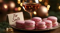 Pink macarons on plate with note for Santa and glass of wine against blurred Christmas lights background, creating cozy holiday atmosphere.