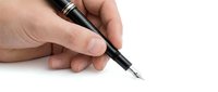 Caucasian male hand holding a black fountain pen, ready to write, isolated on white background for business, contract, and signature design use.