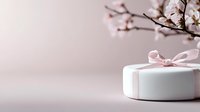 White gift box with pink ribbon bow against soft pink background with delicate cherry blossom branches creating romantic spring composition.
