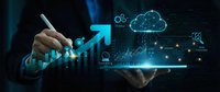 Businessman analyzing digital growth charts and cloud computing data on tablet with holographic interface for business intelligence and financial analytics.