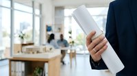 Businessman holding rolled white document in modern office environment with colleagues working in background, suitable for corporate, business proposal, and professional workplace concepts.