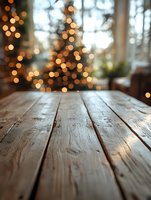 Rustic wooden table surface with blurred Christmas tree lights creating magical bokeh effect in background, cozy holiday atmosphere for product display.