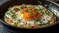 Sunny side up egg garnished with fresh herbs and spicy seasoning in cast iron pan, close up view with vibrant yolk and crispy edges. Food photography.