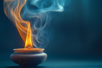 Burning flame in clay oil lamp with orange fire and ethereal blue smoke rising against dark background, creating mystical spiritual atmosphere.