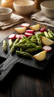 Fresh asparagus spears with sliced radishes and garlic on dark wooden cutting board in rustic kitchen setting for healthy cooking and meal preparation.
