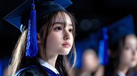 Young Asian female graduate in traditional cap and gown with blue tassel looking ahead thoughtfully during graduation ceremony against dark background.