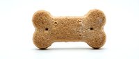 Dog treat bone-shaped biscuit with textured surface and small holes, isolated on white background for pet food packaging, advertising, and veterinary educational materials.
