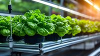 Fresh green lettuce growing in modern hydroponic greenhouse system with automated irrigation. Sustainable agriculture and indoor farming technology.