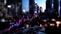 Glowing financial chart with pink and purple candlesticks overlaid on blurred urban nighttime cityscape showing market data visualization and trading analysis.