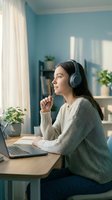 Young woman with long dark hair and South Asian ethnicity wearing wireless headphones and a cream-colored cardigan, sitting at a wooden desk with a laptop in a bright, modern home office with blue walls.