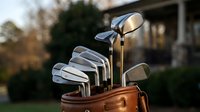 Professional golf club set in leather bag ready for tournament play on course with clubhouse background during golden hour lighting.