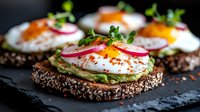 Open sandwich with poached egg, sliced radish, microgreens and avocado on dark seeded bread, sprinkled with paprika and served on black slate surface.