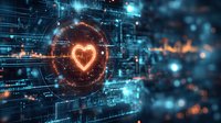 Glowing heart symbol surrounded by digital network connections and futuristic interface elements in blue and orange tones, representing healthcare technology.