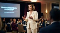 Professional businesswoman in white suit presenting to corporate audience during leadership conference seminar.