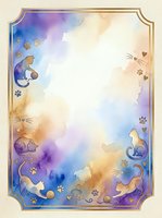 Watercolor cat frame with paw prints and whiskers on pastel background for pet-themed designs and greeting cards.