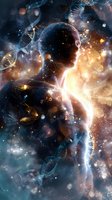 Silhouette of human figure emerging from cosmic space with DNA strands and glowing particles, representing consciousness and genetic evolution in deep universe.