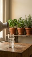 Hand pouring fresh water from pitcher into glass on wooden table with potted herbs on windowsill in warm sunlit kitchen interior for healthy lifestyle.