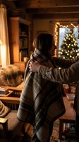 Man wrapping a plaid blanket around a smiling Caucasian woman in a cozy cabin living room with Christmas tree lights glowing warmly.