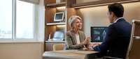 Professional blonde female doctor consulting with male patient in modern medical office discussing health results on computer screen.