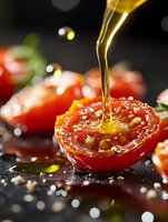 Fresh cherry tomato with golden olive oil stream pouring, sea salt and peppercorns on dark background, macro shot with selective focus and water drops.