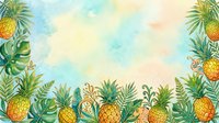 Tropical pineapple and monstera leaf border frame with watercolor sky background, isolated on white for design projects.