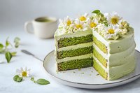 Green tea matcha layered cake with white cream frosting and daisy flowers on plate with tea cup background for dessert menu and bakery advertising.