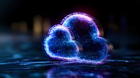 Glowing neon cloud computing symbol with blue and purple light effects on dark reflective surface, digital technology concept for cloud storage and networking.