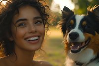 Young Latin American woman with curly hair smiling outdoors at sunset with Australian shepherd dog, warm golden light creating joyful, authentic lifestyle moment.