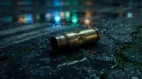 Spent brass bullet casing lying on dark textured ground with blurred circuit board lights in background, suitable for crime scene, forensics, and technology-themed designs.