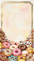 Vintage ornate frame with golden border featuring assorted glazed donuts, fresh berries, and steaming coffee cups on cream watercolor background. Ideal for bakery menus, cafe designs, and food-themed stationery projects.
