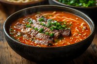 Spicy Asian noodle soup with sliced beef, green onions and sesame seeds in black ceramic bowl on wooden table, traditional hot ramen broth.