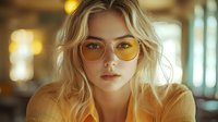 Young Caucasian woman with blonde wavy hair wearing yellow-tinted glasses and matching yellow blouse gazes thoughtfully at camera in warm atmospheric lighting.