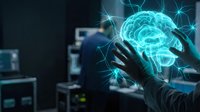 Futuristic digital brain hologram with glowing neural networks held by human hand in modern technology laboratory for artificial intelligence concepts.