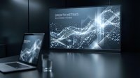 Modern office workspace with laptop and monitor displaying growth metrics dashboard with glowing data visualization charts for business analytics presentations.