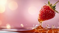 Fresh ripe strawberry with honey dripping and creating splash in pink background with bokeh lights, macro food photography for advertising.