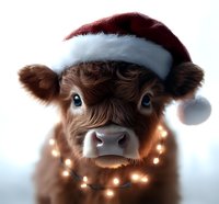 Adorable brown highland calf wearing Santa hat and glowing Christmas lights around neck against soft winter background, festive holiday farm animal portrait.