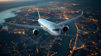 Commercial passenger aircraft flying over illuminated coastal city at dusk, aerial view of urban landscape with twinkling lights and waterfront below.