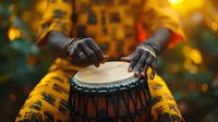 African drummer playing traditional djembe drum with skilled hands against warm sunset bokeh background, wearing vibrant yellow patterned clothing. Musical performance.