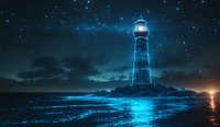 Glowing lighthouse beacon illuminates dark stormy night sky with blue bioluminescent waves crashing on rocky shore, stars twinkling through dramatic clouds.