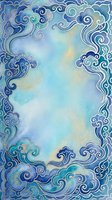Watercolor blue frame with traditional Asian clouds and waves, swirling ornamental border on soft teal background for cards and prints.