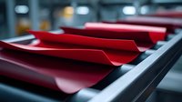 Red metal sheets arranged in rows on industrial conveyor belt, showing manufacturing process with selective focus on curved metallic surfaces in factory setting.