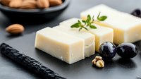 Aged hard cheese cubes with fresh herbs, black olives and walnuts on dark slate board for gourmet appetizer and charcuterie board presentations.