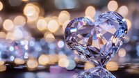 Crystal heart shape on reflective surface with soft golden bokeh lights creating romantic atmosphere and luxury sparkle effect in background.