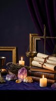 Mystical law office setup with golden scales of justice, ancient books, crystals, candles and purple curtains creating atmospheric legal workspace.