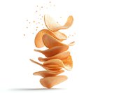 Floating potato chips stacked in mid-air with crumbs on white background, isolated product photography for snack and food advertising.