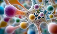 Colorful neural network visualization with interconnected nodes and synapses showing brain cell communication in vibrant pink, yellow, and blue tones against blurred background.
