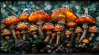 Glowing orange mushrooms with white spots growing in dark forest, magical fairy tale fungi arrangement against mosaic background creates mystical atmosphere.