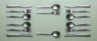 Flatlay arrangement of stainless steel cutlery set including forks, spoons, and knives organized symmetrically on neutral background for dining and tableware design.